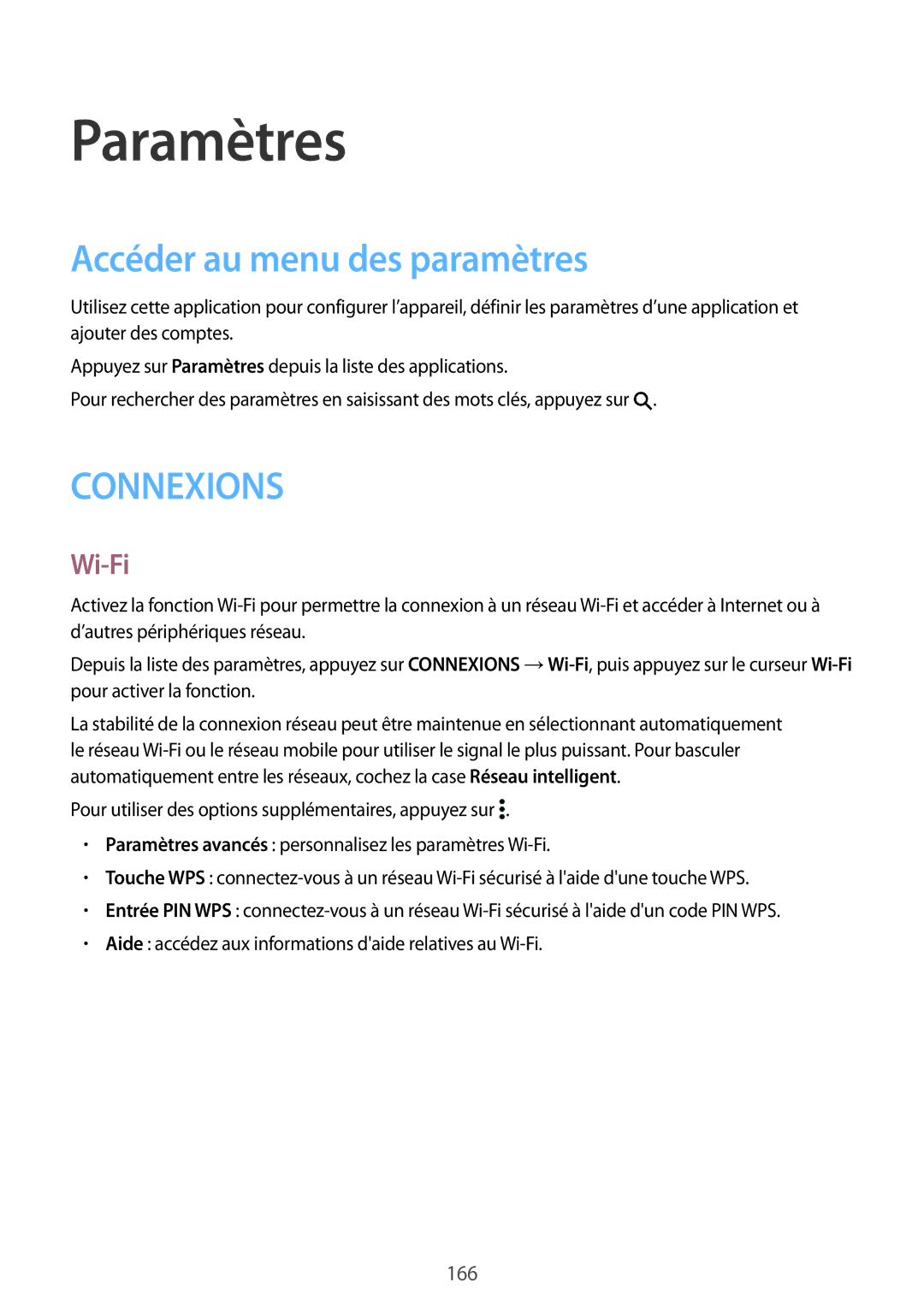 Samsung SM-T705NZWAXEF manual Paramètres, Accéder au menu des paramètres, Wi-Fi 