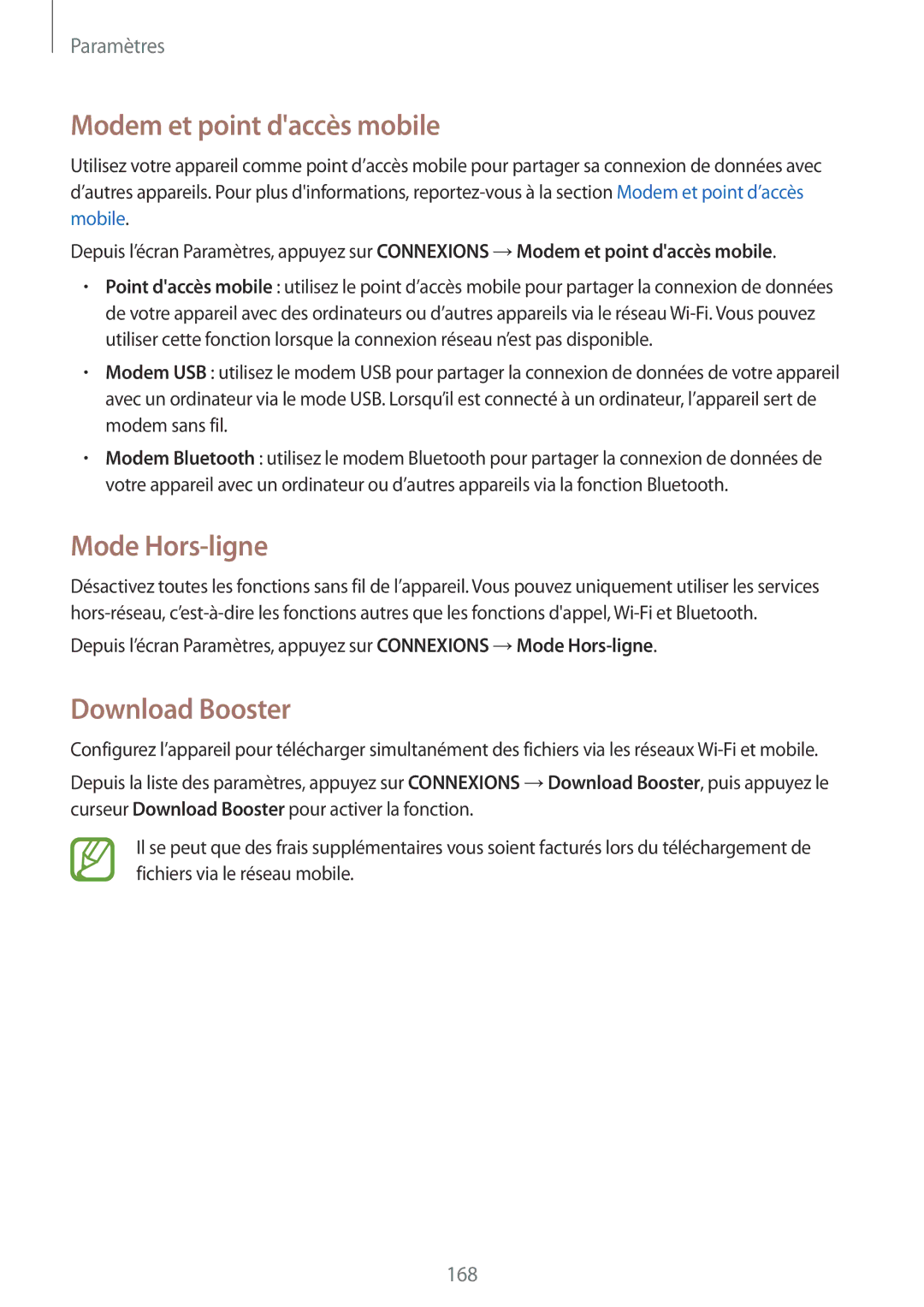 Samsung SM-T705NZWAXEF manual Modem et point daccès mobile, Mode Hors-ligne, Download Booster 