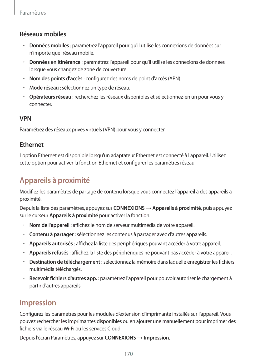 Samsung SM-T705NZWAXEF manual Appareils à proximité, Impression, Réseaux mobiles, Ethernet 