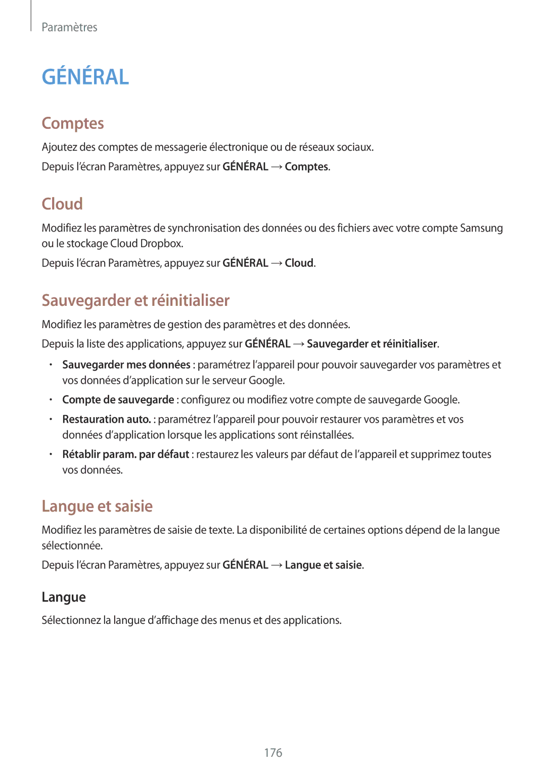 Samsung SM-T705NZWAXEF manual Comptes, Cloud, Sauvegarder et réinitialiser, Langue et saisie 