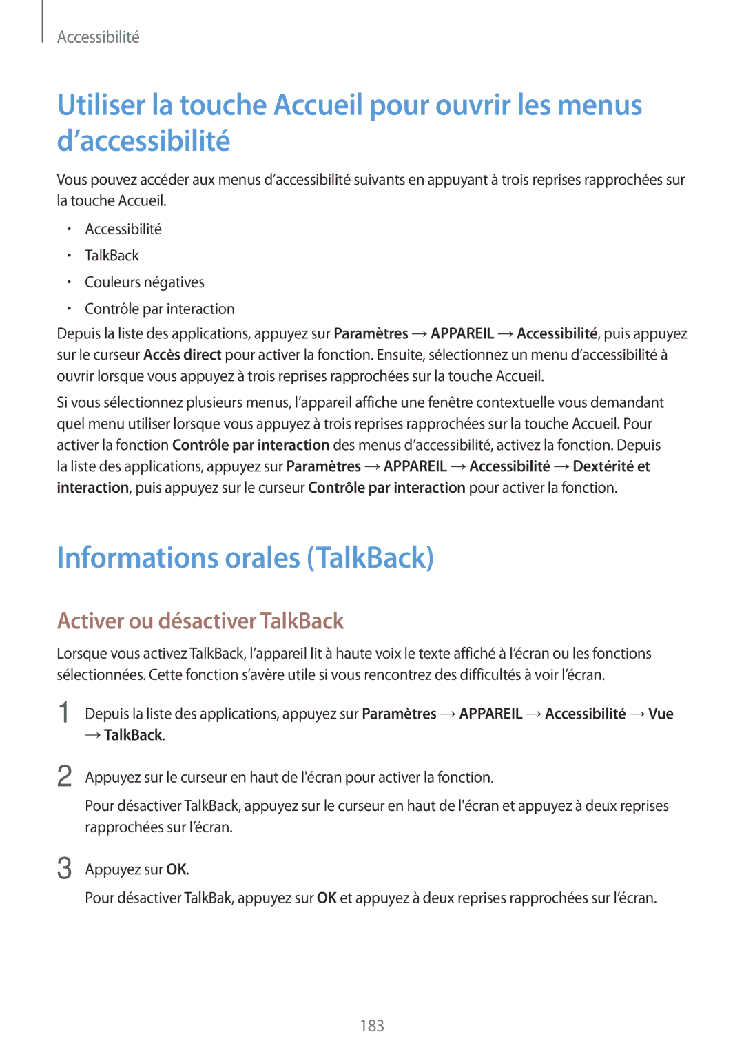 Samsung SM-T705NZWAXEF manual Informations orales TalkBack, Activer ou désactiver TalkBack, → TalkBack 