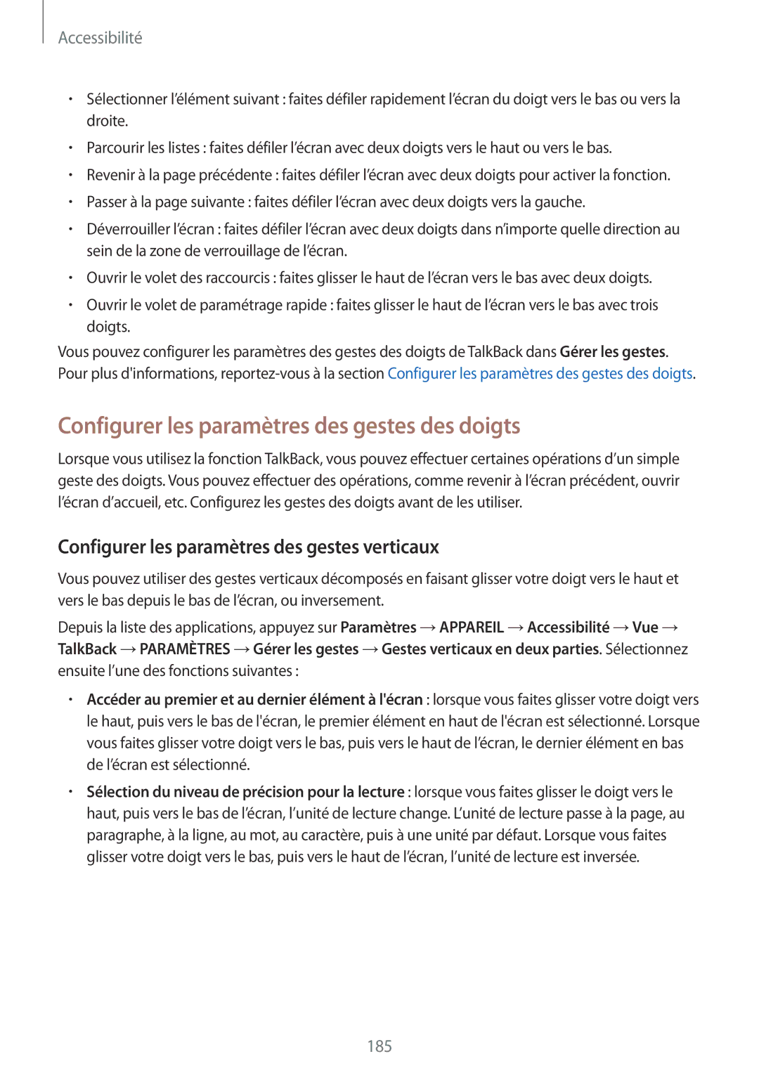 Samsung SM-T705NZWAXEF Configurer les paramètres des gestes des doigts, Configurer les paramètres des gestes verticaux 