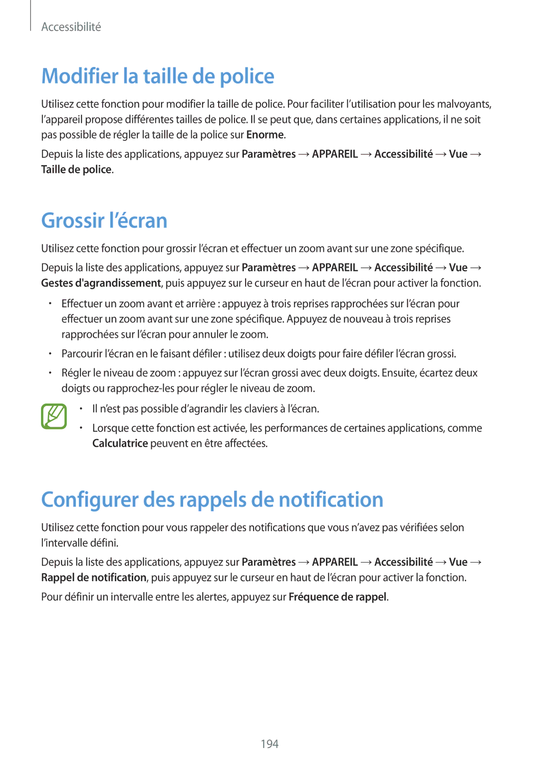 Samsung SM-T705NZWAXEF manual Modifier la taille de police, Grossir l’écran, Configurer des rappels de notification 