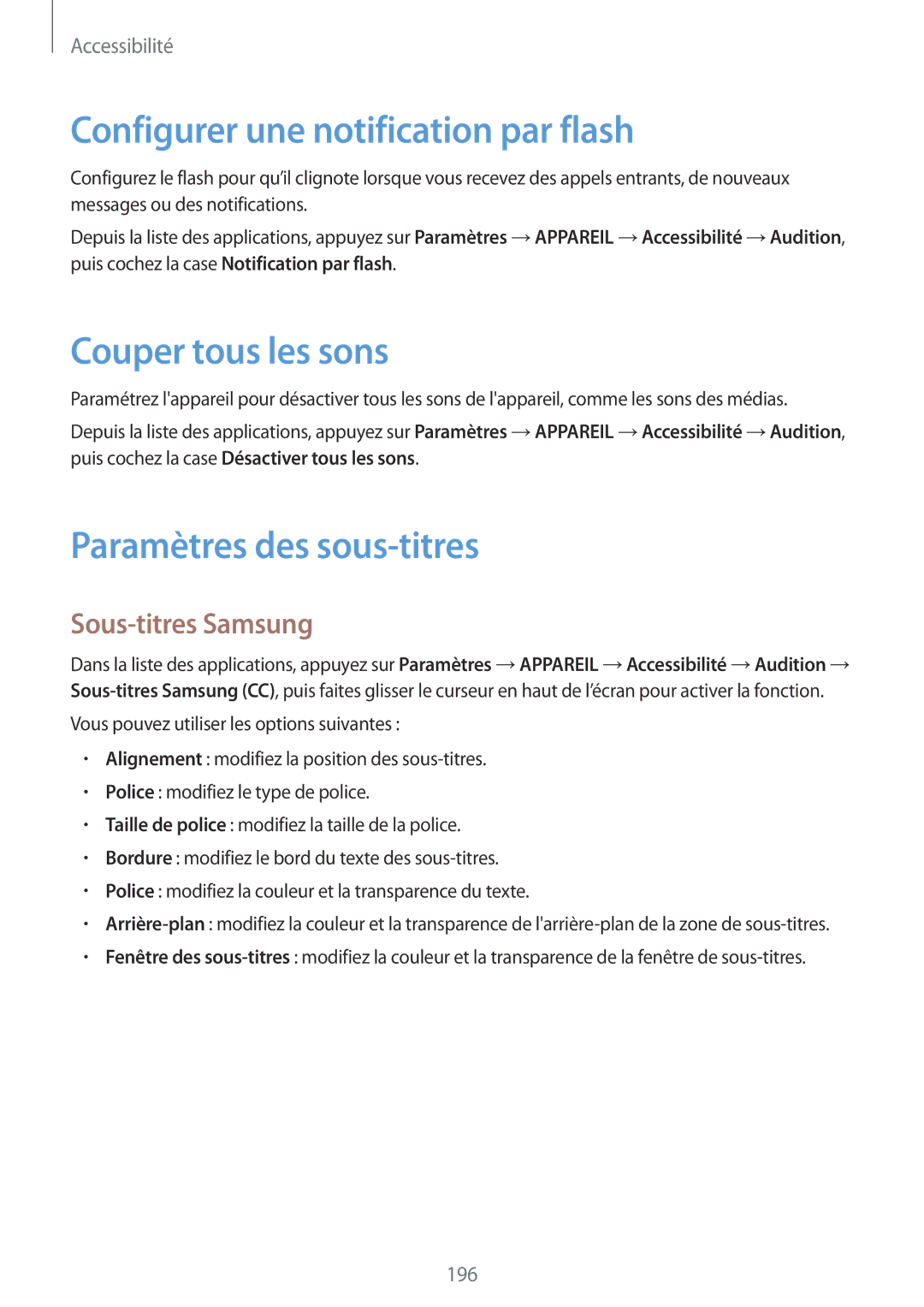 Samsung SM-T705NZWAXEF manual Configurer une notification par flash, Couper tous les sons, Paramètres des sous-titres 