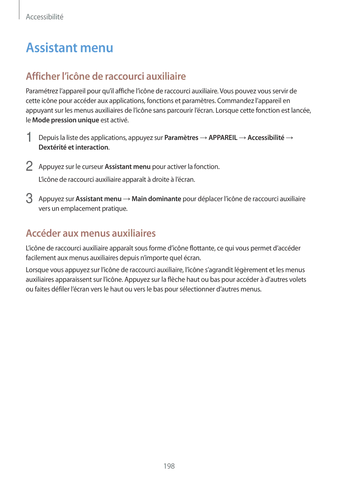 Samsung SM-T705NZWAXEF manual Assistant menu, Afficher l’icône de raccourci auxiliaire, Accéder aux menus auxiliaires 