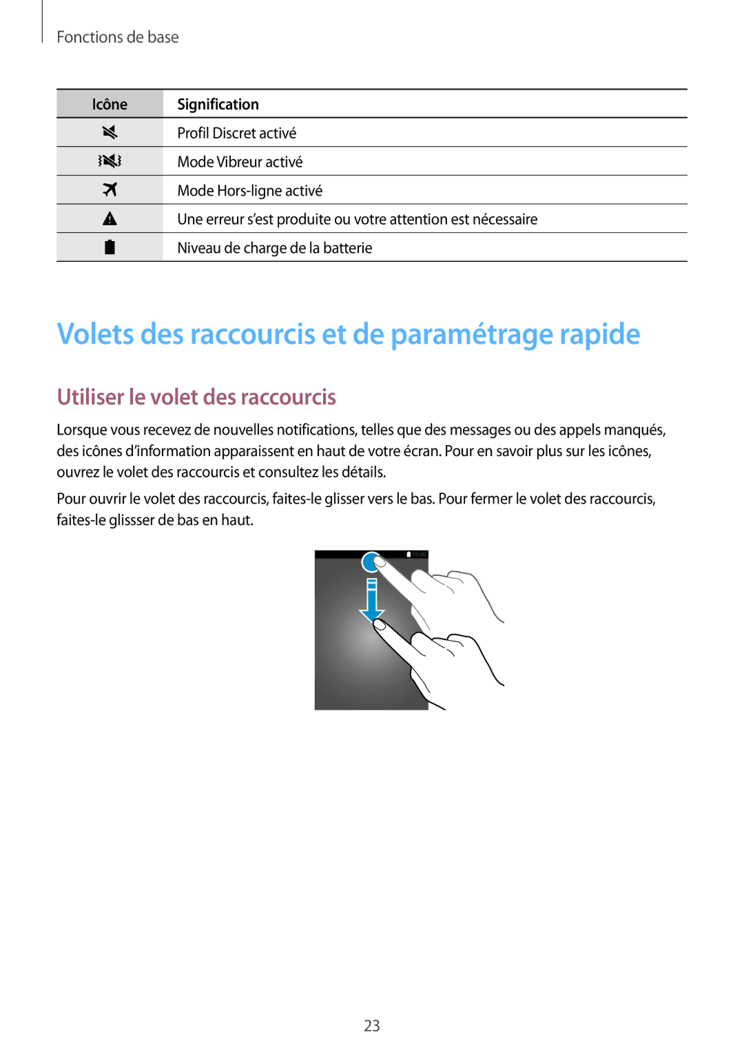 Samsung SM-T705NZWAXEF manual Volets des raccourcis et de paramétrage rapide, Utiliser le volet des raccourcis 