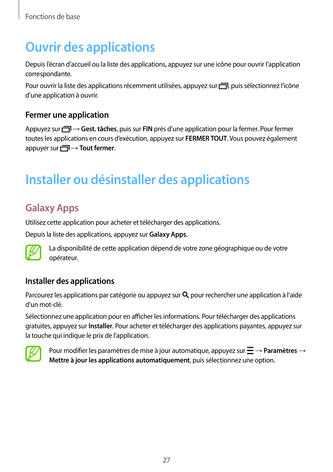 Samsung SM-T705NZWAXEF manual Ouvrir des applications, Installer ou désinstaller des applications, Galaxy Apps 