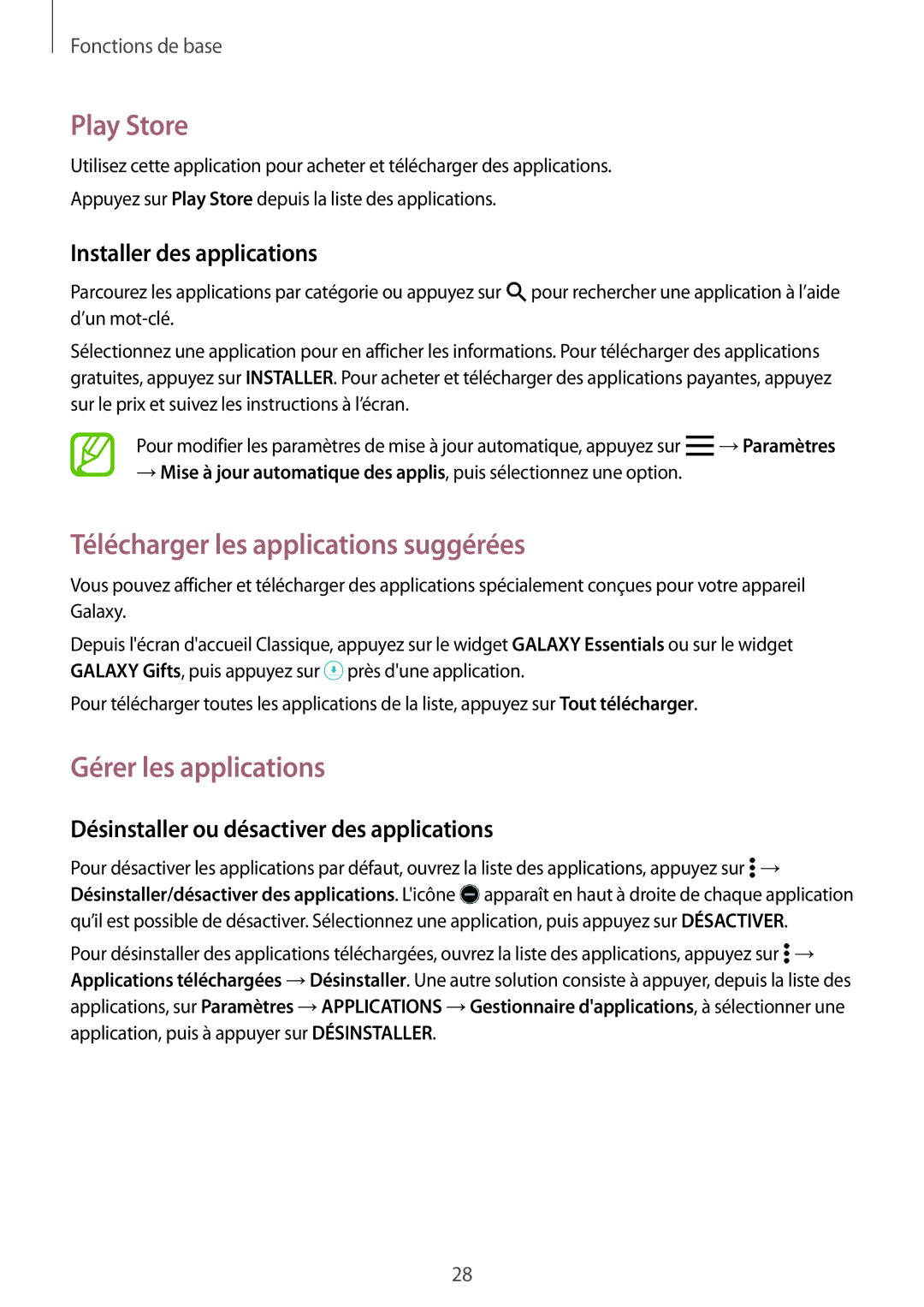 Samsung SM-T705NZWAXEF manual Play Store, Télécharger les applications suggérées, Gérer les applications 