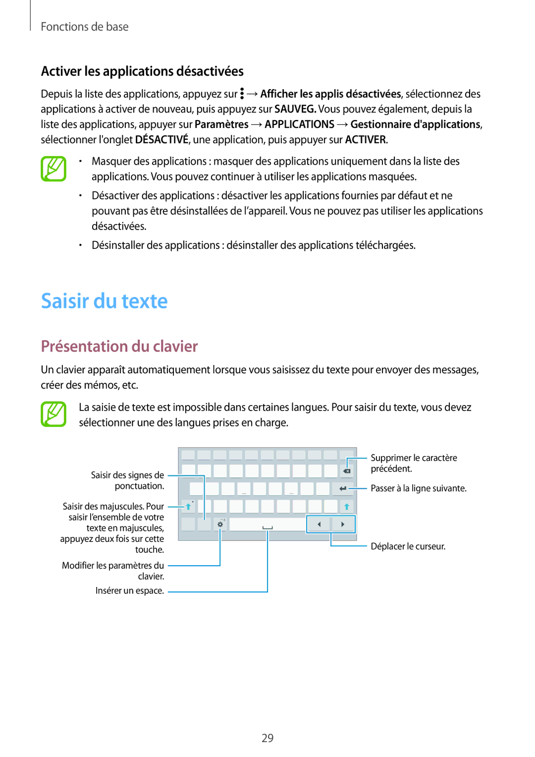 Samsung SM-T705NZWAXEF manual Saisir du texte, Présentation du clavier, Activer les applications désactivées 