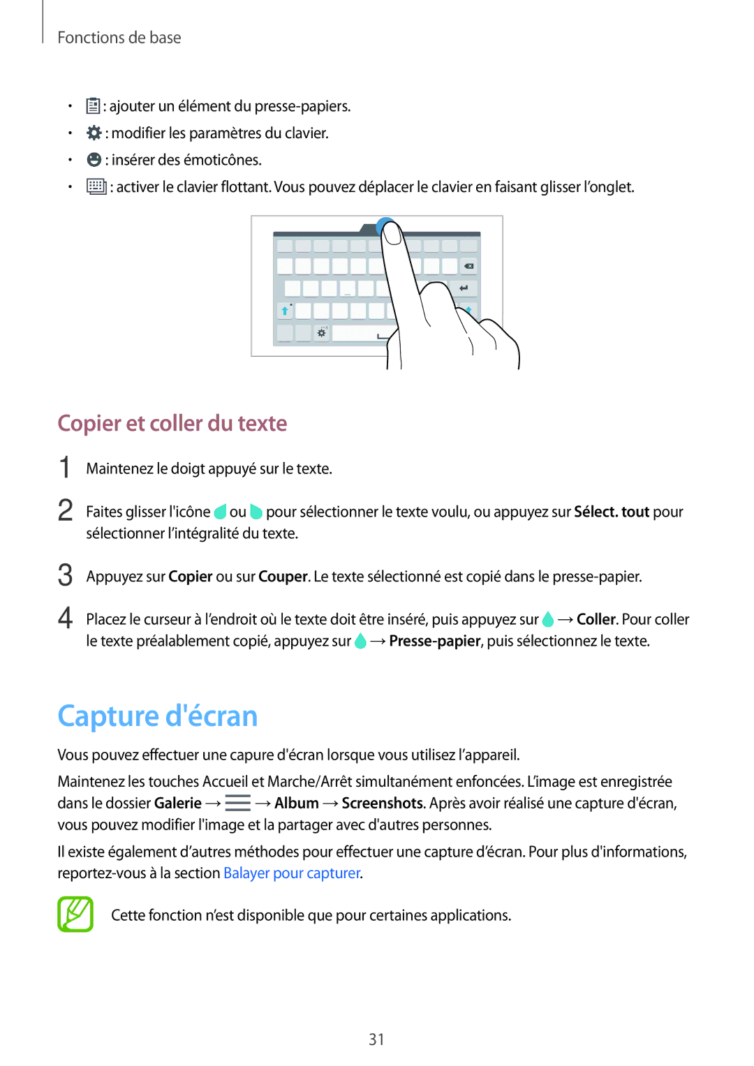 Samsung SM-T705NZWAXEF manual Capture décran, Copier et coller du texte 