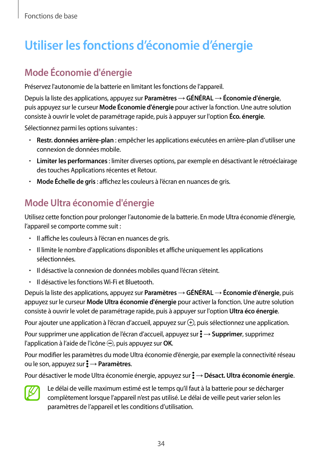 Samsung SM-T705NZWAXEF Utiliser les fonctions d’économie d’énergie, Mode Économie dénergie, Mode Ultra économie dénergie 