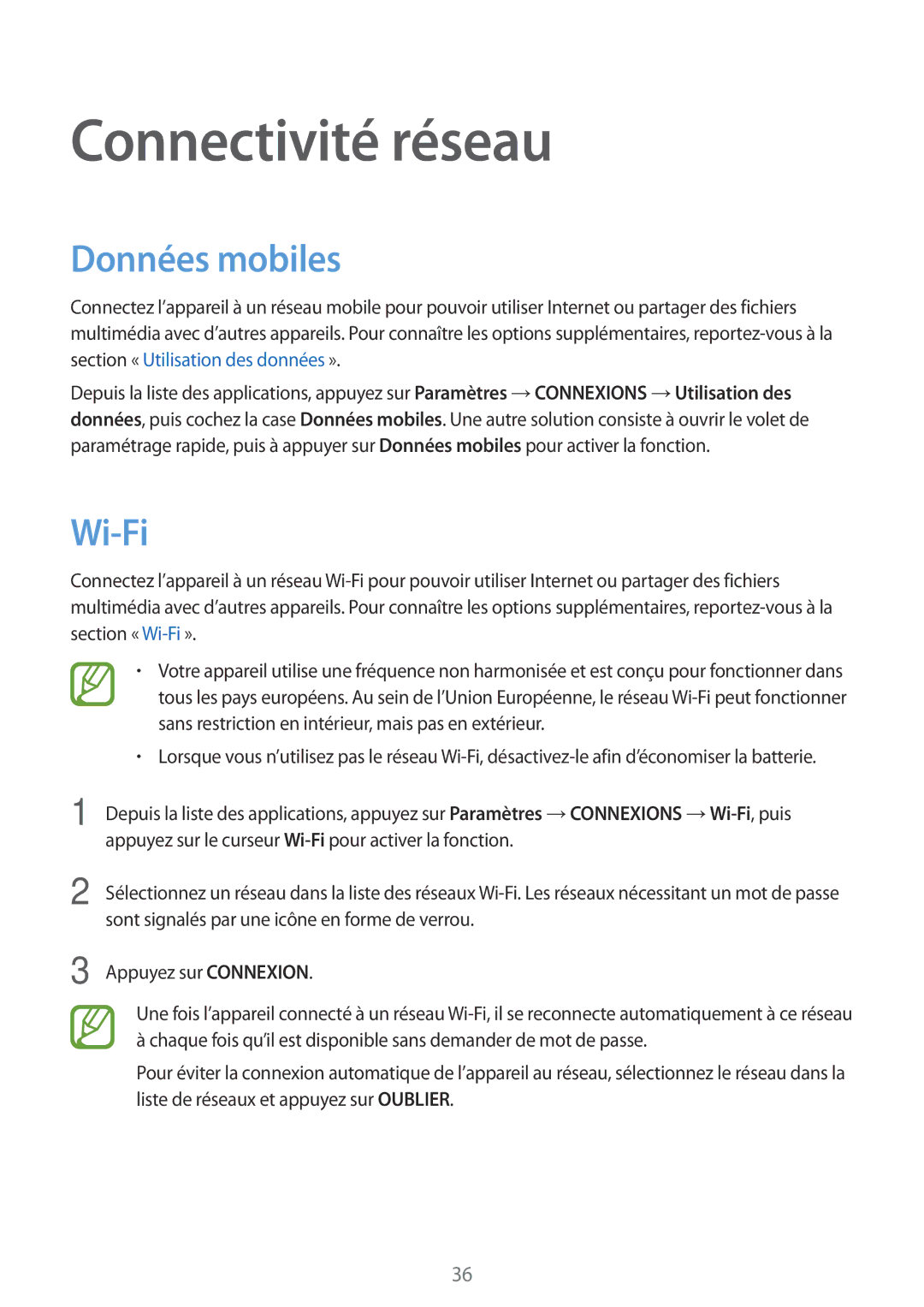 Samsung SM-T705NZWAXEF manual Connectivité réseau, Données mobiles, Wi-Fi 