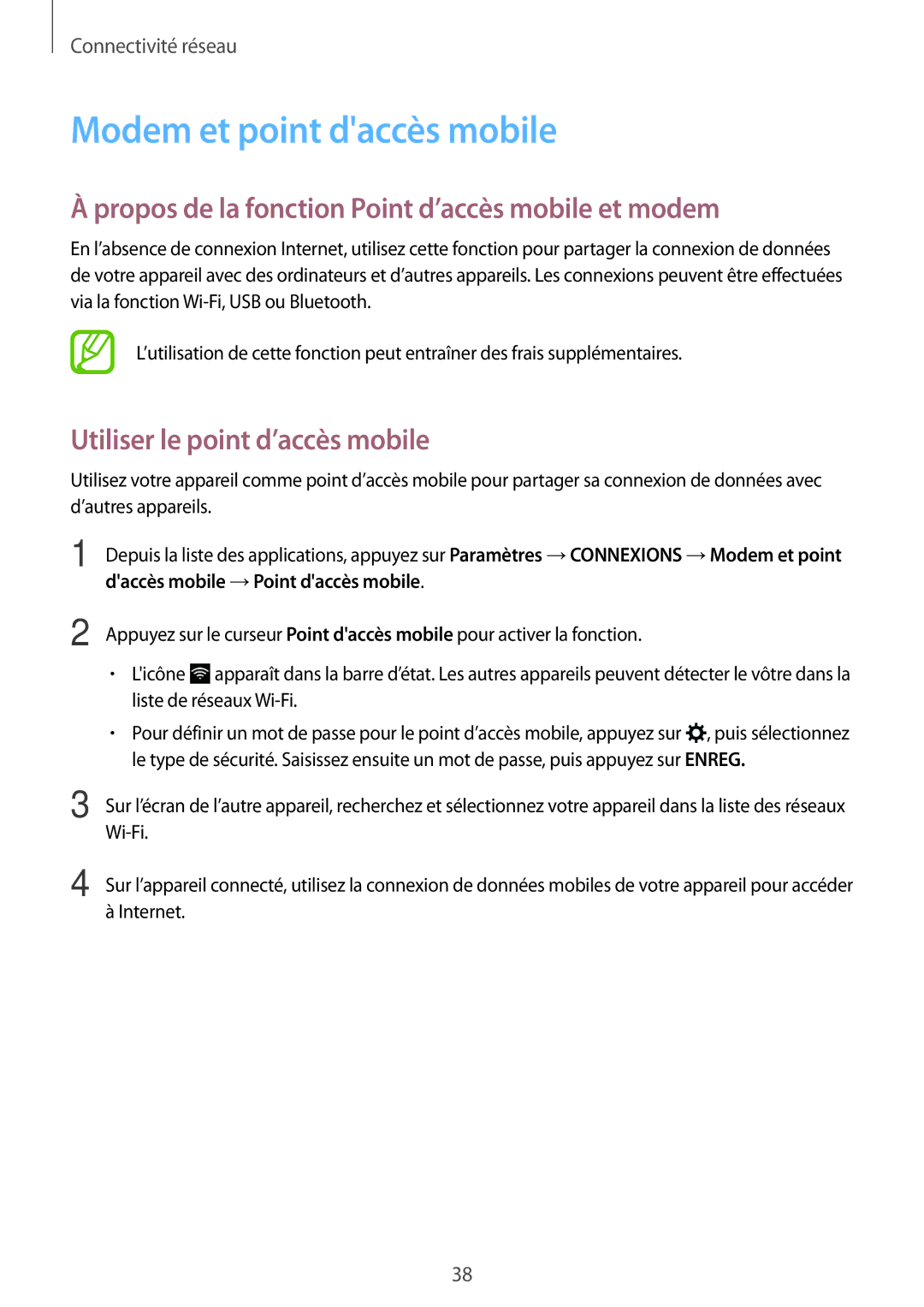 Samsung SM-T705NZWAXEF manual Modem et point daccès mobile, Propos de la fonction Point d’accès mobile et modem 