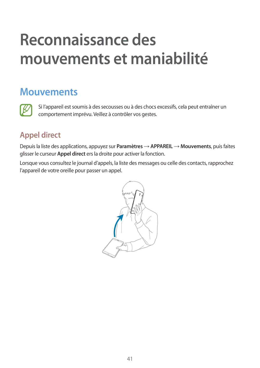 Samsung SM-T705NZWAXEF manual Mouvements, Appel direct 