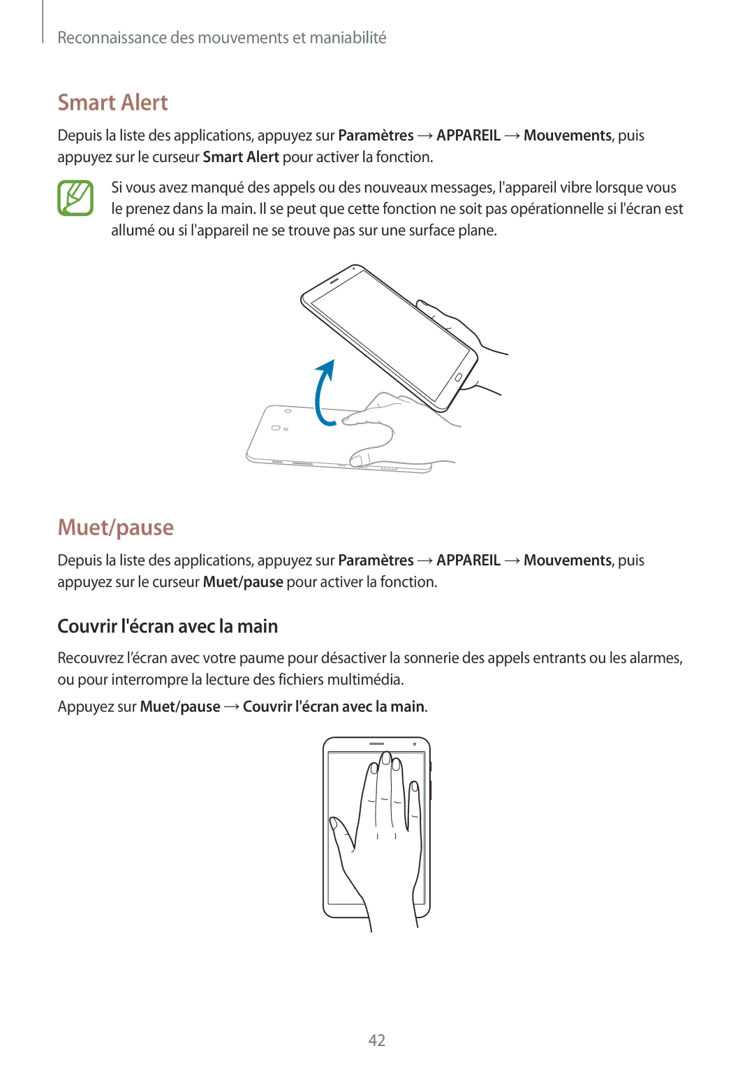 Samsung SM-T705NZWAXEF manual Smart Alert, Muet/pause, Couvrir lécran avec la main 