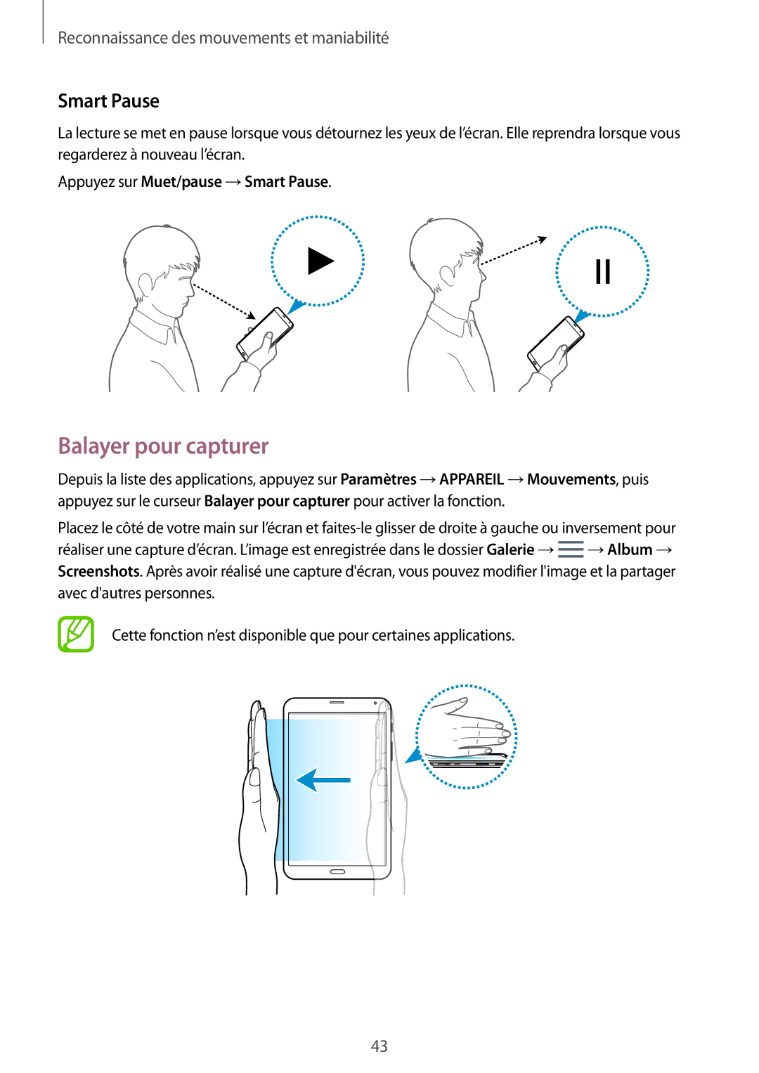 Samsung SM-T705NZWAXEF manual Balayer pour capturer, Appuyez sur Muet/pause →Smart Pause 