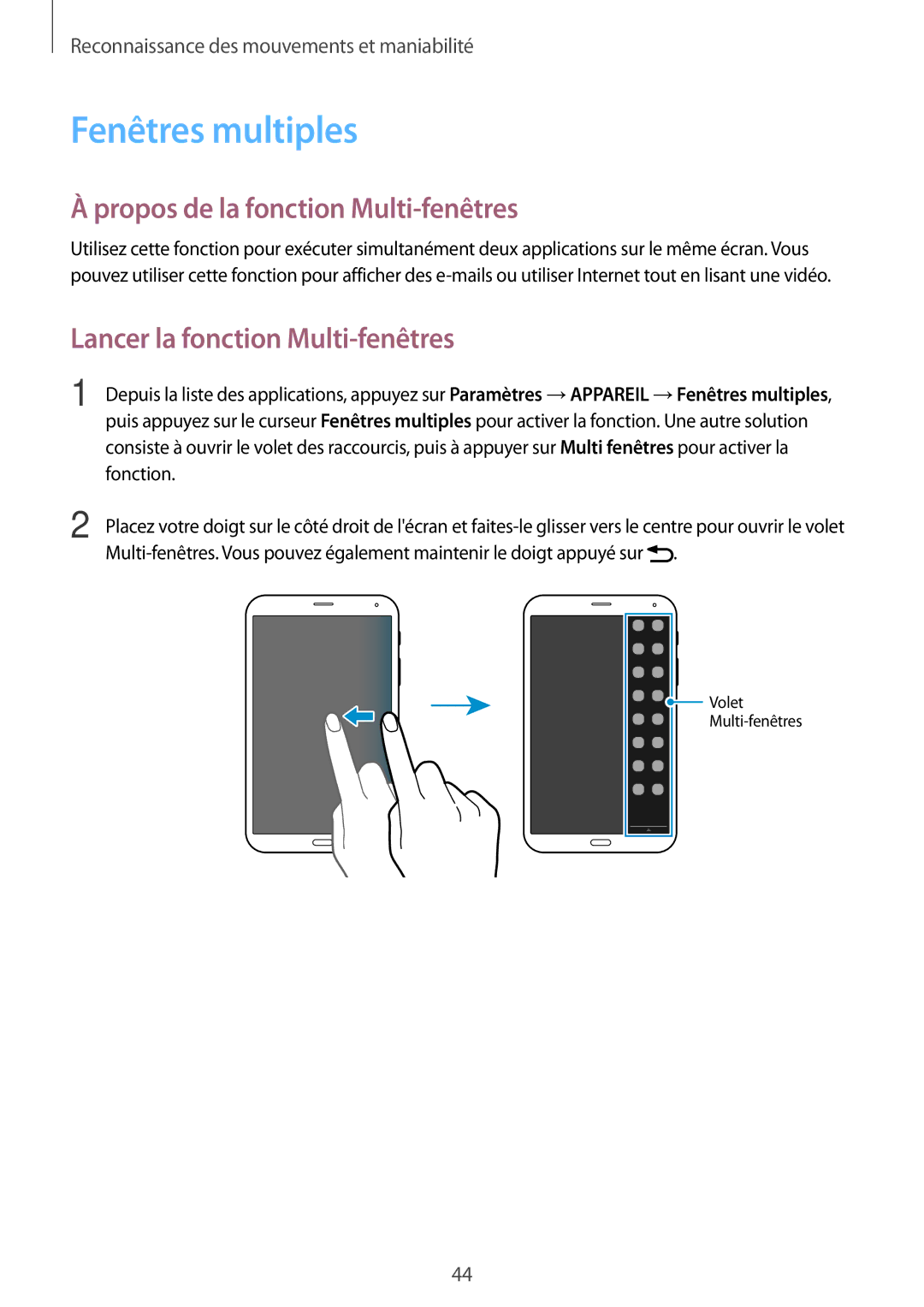 Samsung SM-T705NZWAXEF manual Fenêtres multiples, Propos de la fonction Multi-fenêtres, Lancer la fonction Multi-fenêtres 