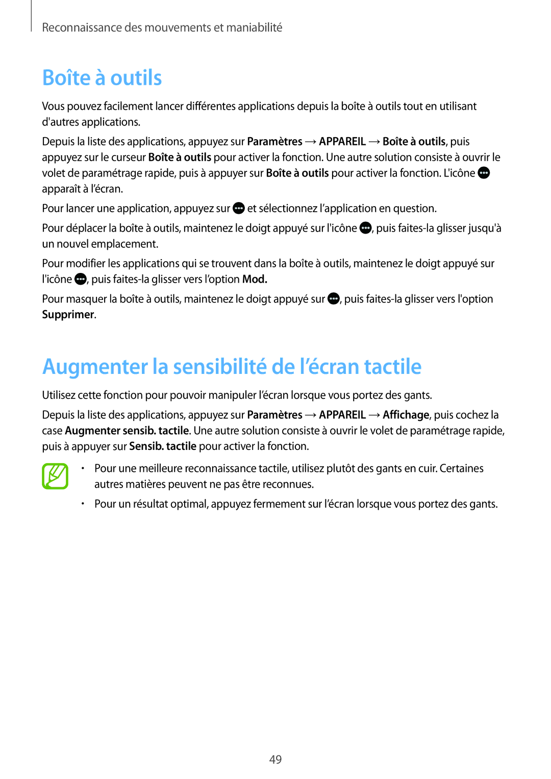 Samsung SM-T705NZWAXEF manual Boîte à outils, Augmenter la sensibilité de l’écran tactile 