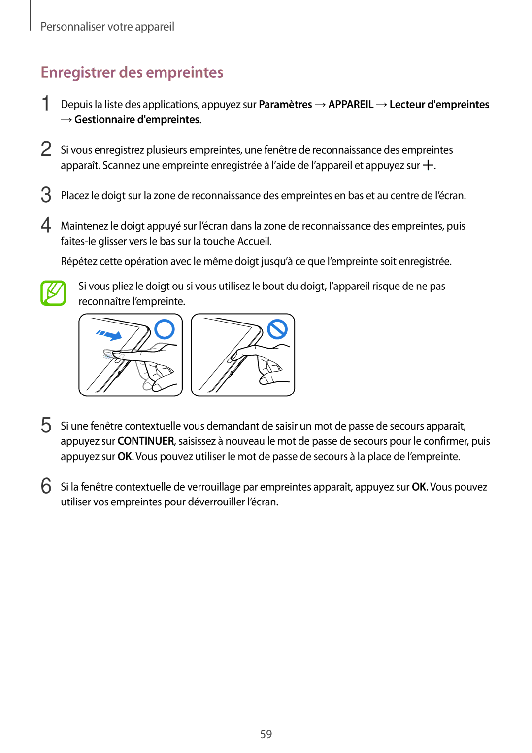 Samsung SM-T705NZWAXEF manual Enregistrer des empreintes, → Gestionnaire dempreintes 