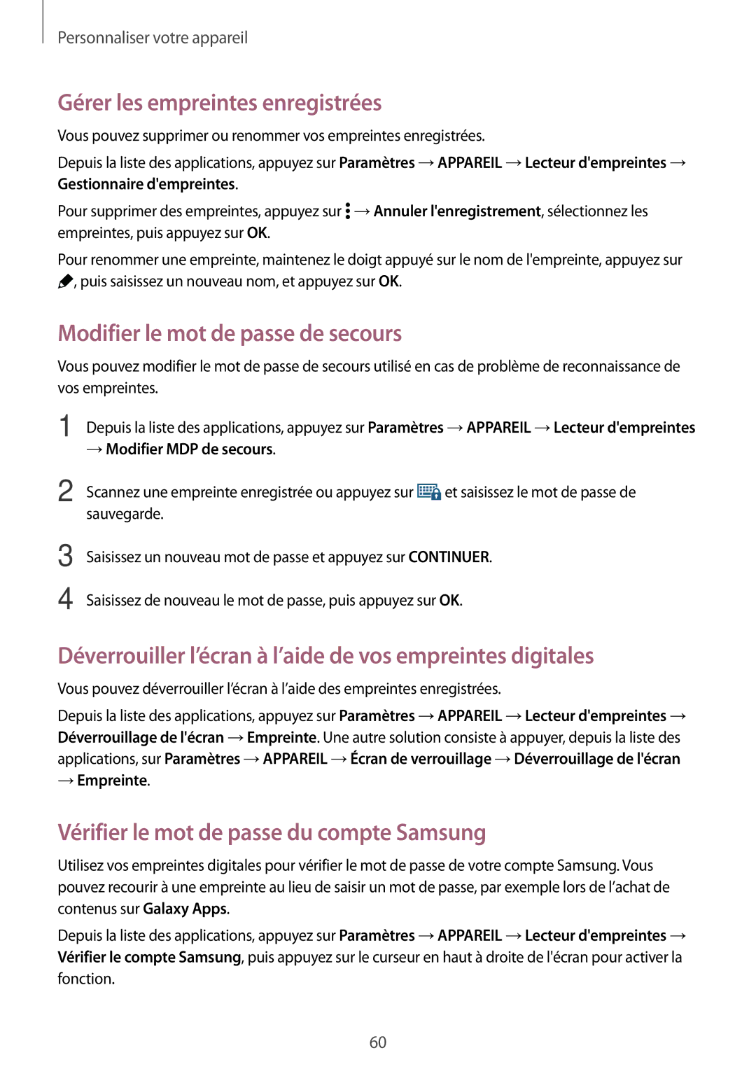 Samsung SM-T705NZWAXEF manual Gérer les empreintes enregistrées, Modifier le mot de passe de secours 