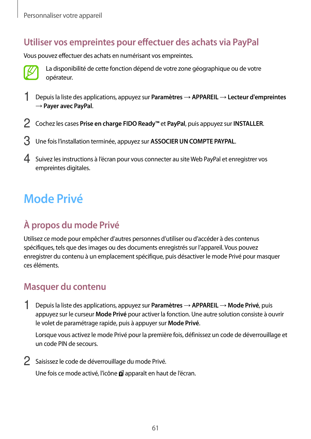 Samsung SM-T705NZWAXEF manual Mode Privé, Propos du mode Privé, Masquer du contenu 