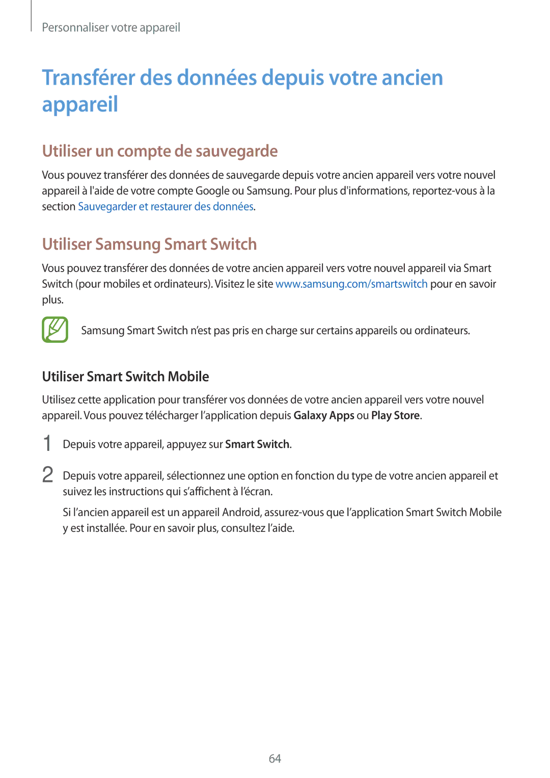 Samsung SM-T705NZWAXEF manual Transférer des données depuis votre ancien appareil, Utiliser un compte de sauvegarde 