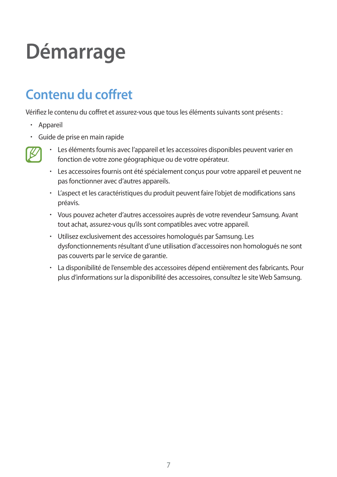 Samsung SM-T705NZWAXEF manual Démarrage, Contenu du coffret 