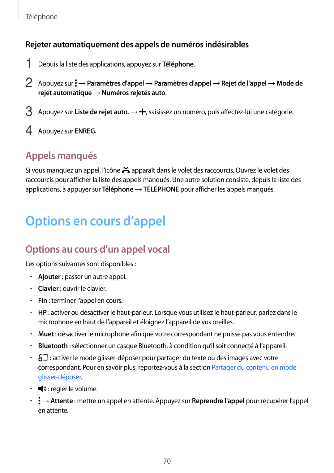 Samsung SM-T705NZWAXEF manual Options en cours d’appel, Appels manqués, Options au cours d’un appel vocal 