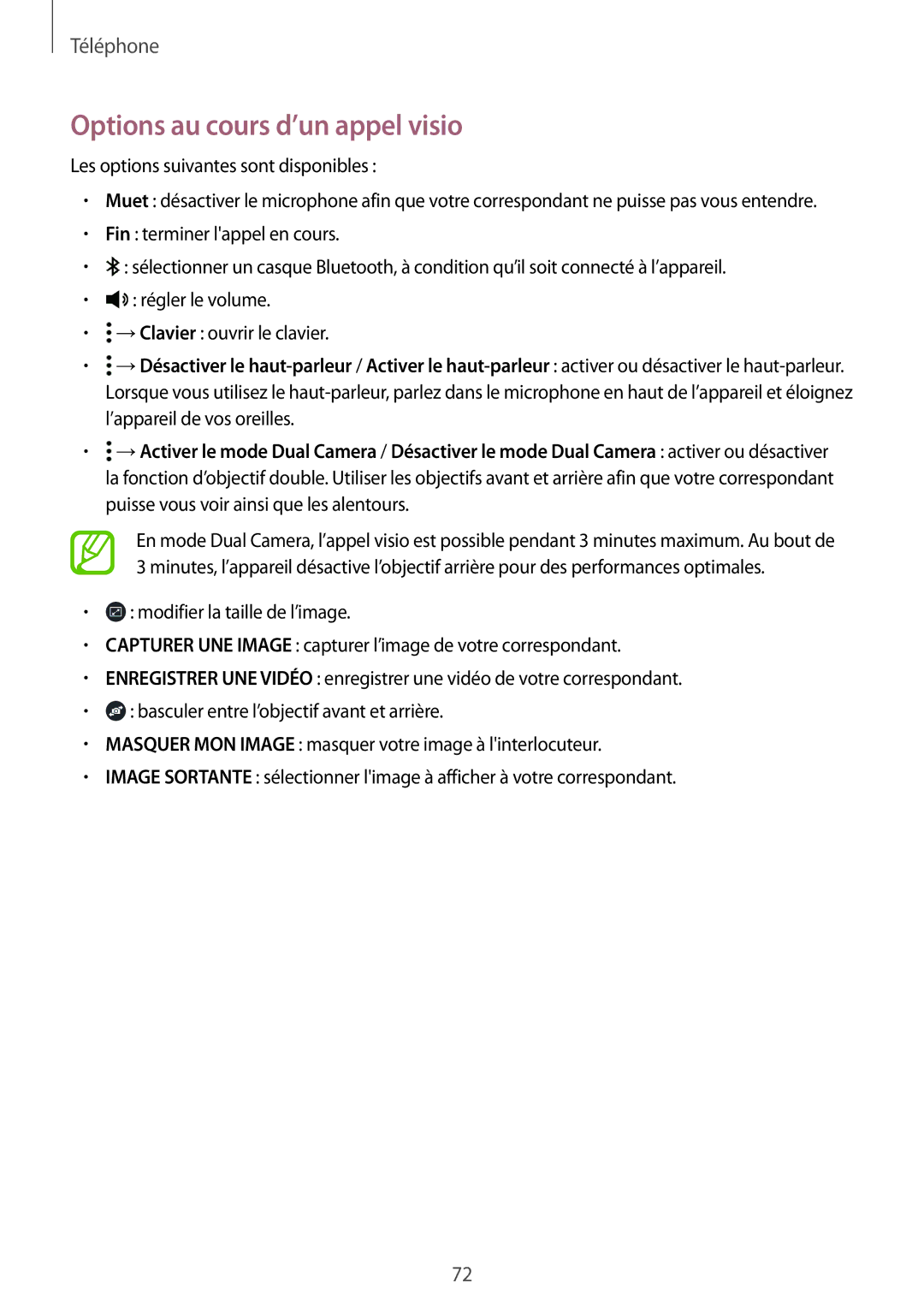 Samsung SM-T705NZWAXEF manual Options au cours d’un appel visio 