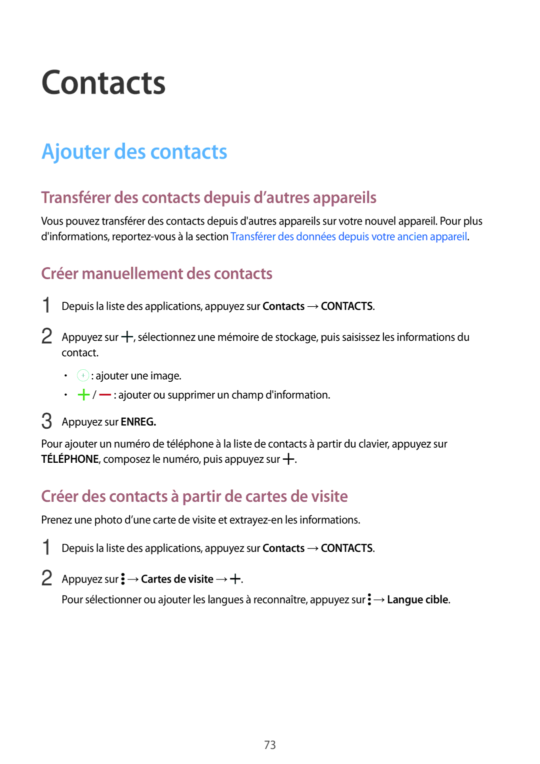 Samsung SM-T705NZWAXEF manual Contacts, Ajouter des contacts, Transférer des contacts depuis d’autres appareils 