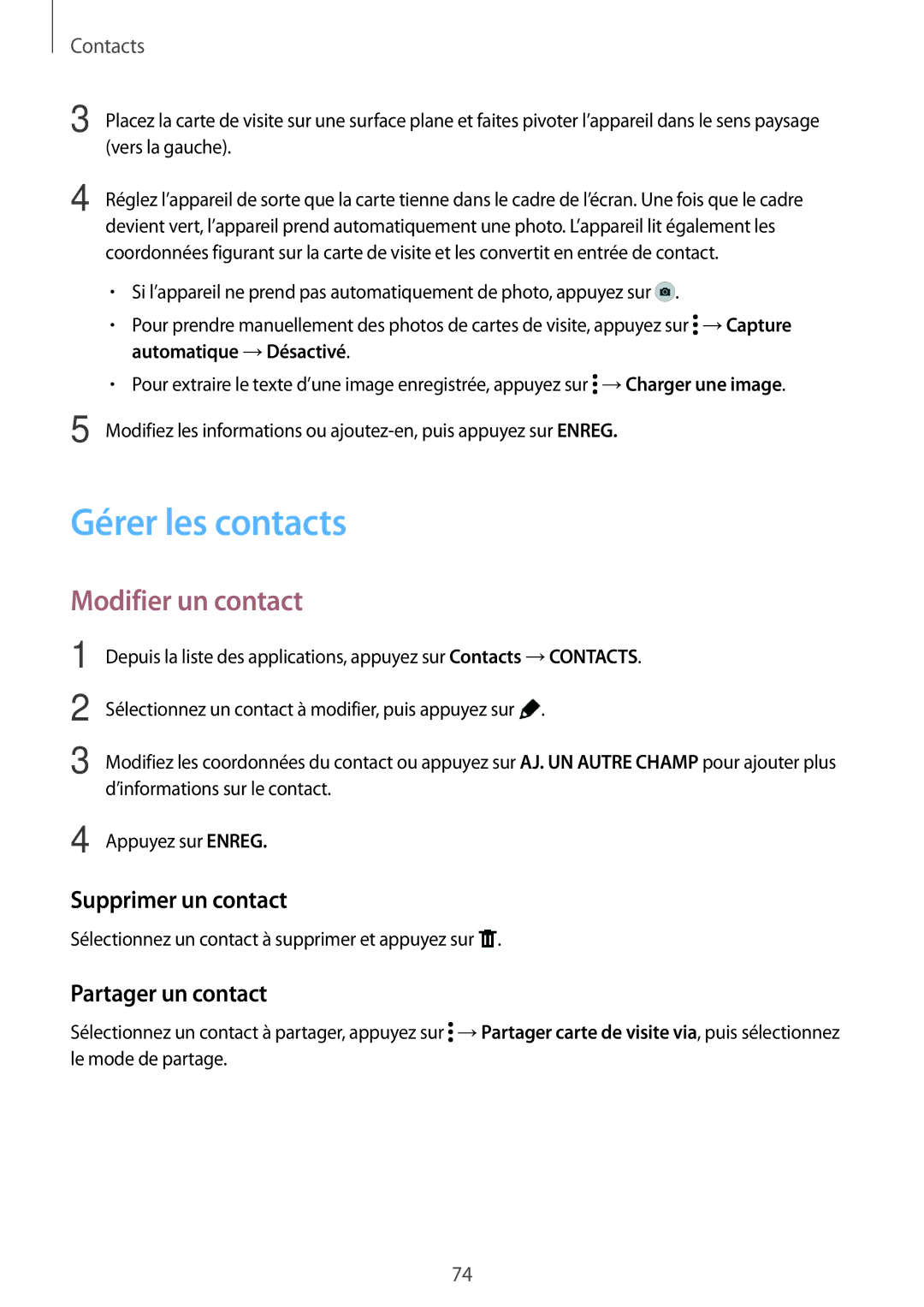 Samsung SM-T705NZWAXEF manual Gérer les contacts, Modifier un contact, Supprimer un contact, Partager un contact 