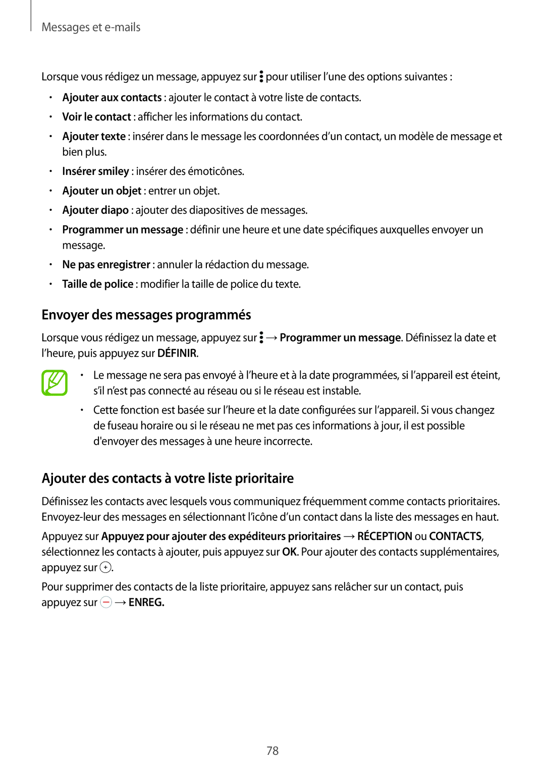 Samsung SM-T705NZWAXEF manual Envoyer des messages programmés, Ajouter des contacts à votre liste prioritaire 