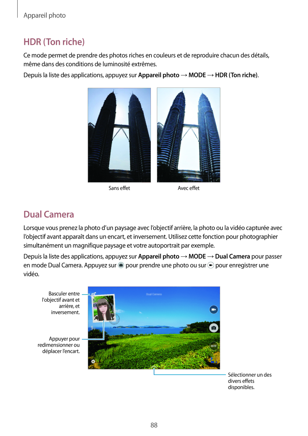 Samsung SM-T705NZWAXEF manual HDR Ton riche, Dual Camera 