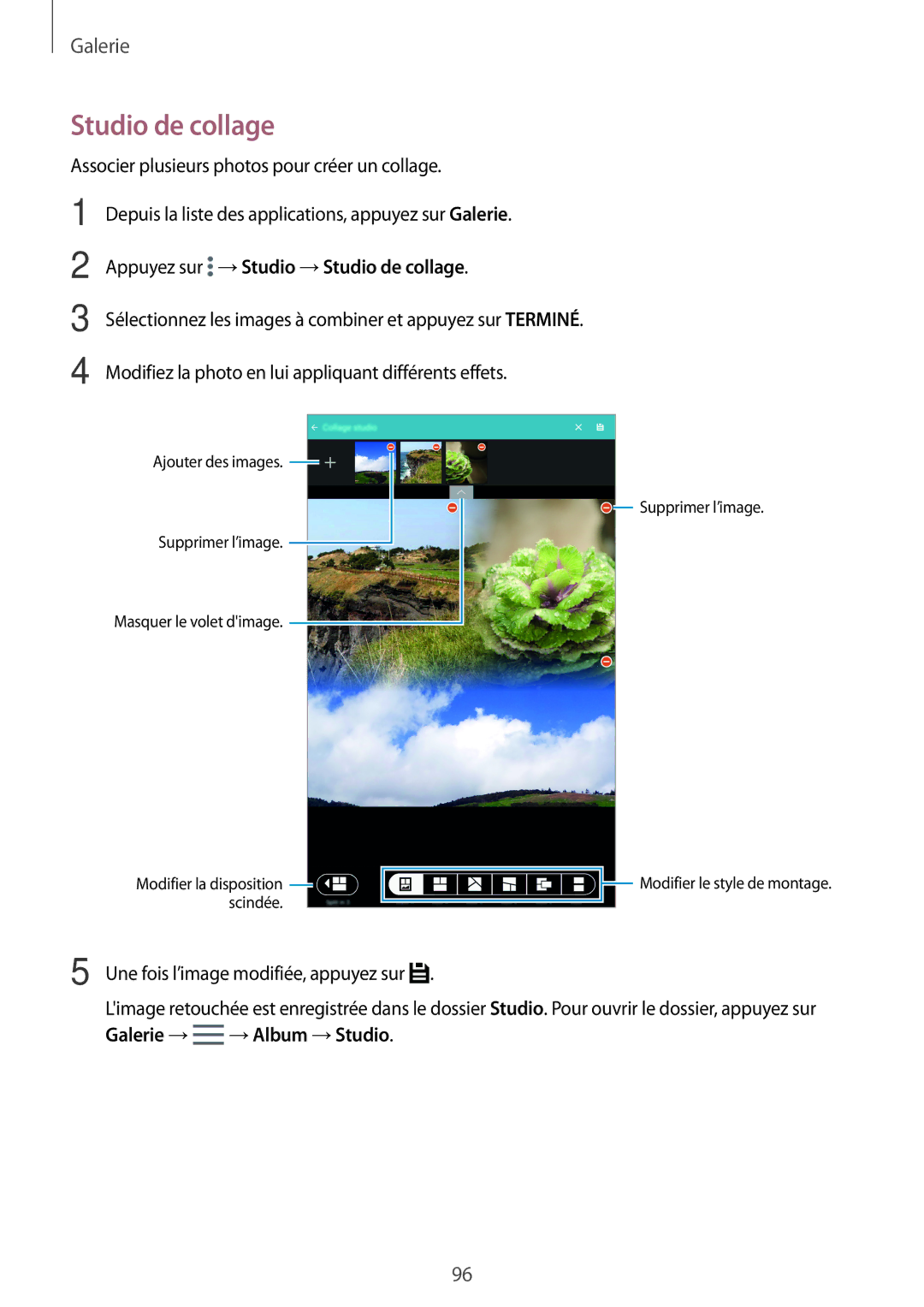 Samsung SM-T705NZWAXEF manual Appuyez sur →Studio →Studio de collage 