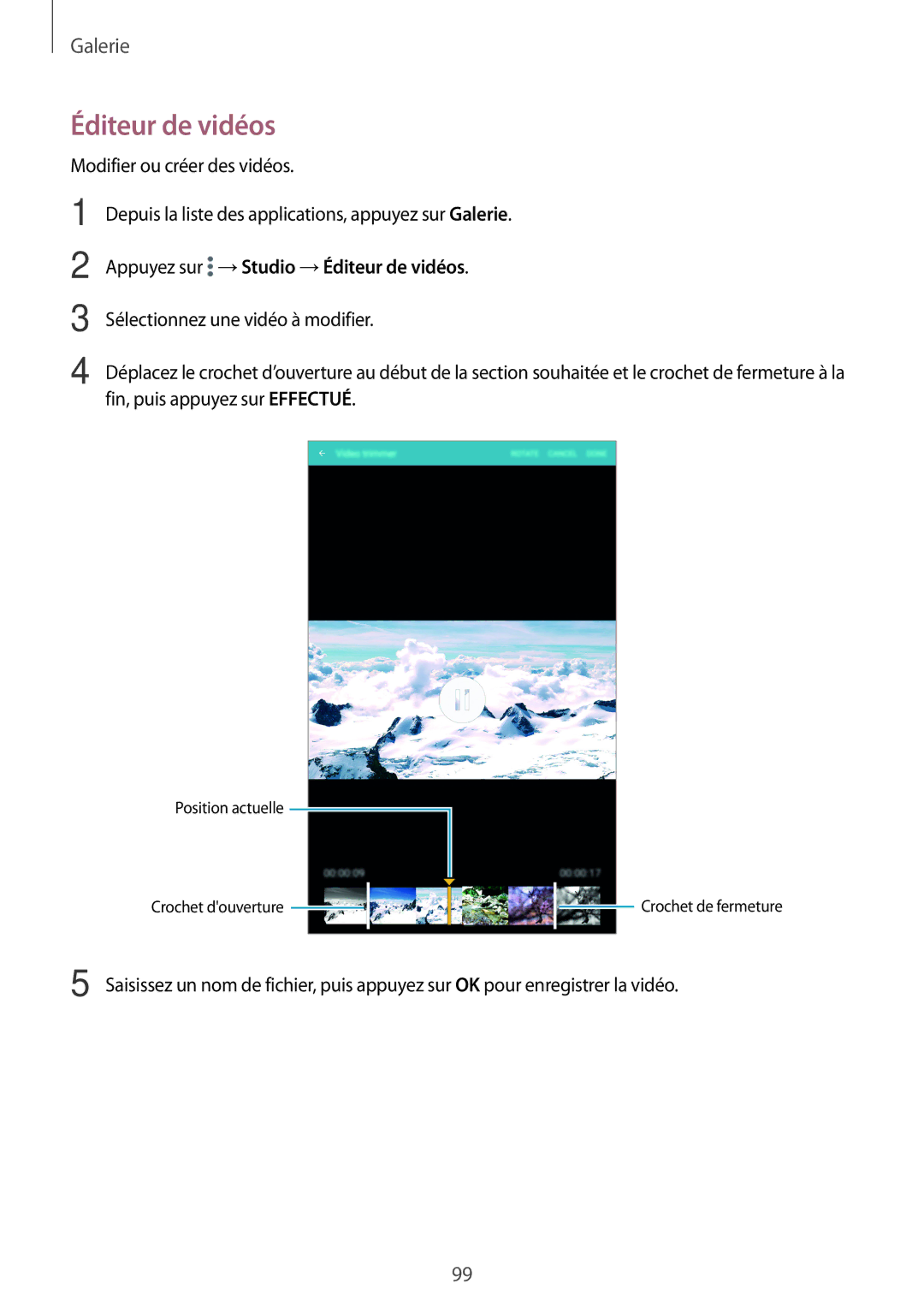 Samsung SM-T705NZWAXEF manual Appuyez sur →Studio →Éditeur de vidéos 