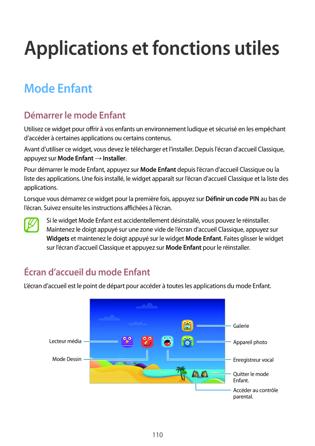 Samsung SM-T705NZWAXEF manual Mode Enfant, Démarrer le mode Enfant, Écran d’accueil du mode Enfant 