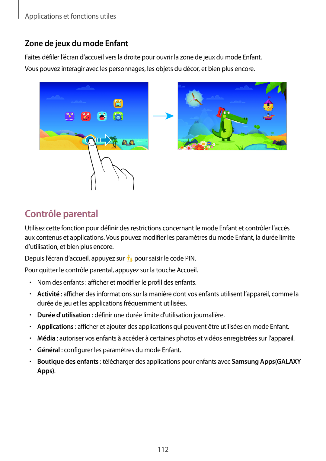 Samsung SM-T705NZWAXEF manual Contrôle parental, Zone de jeux du mode Enfant 