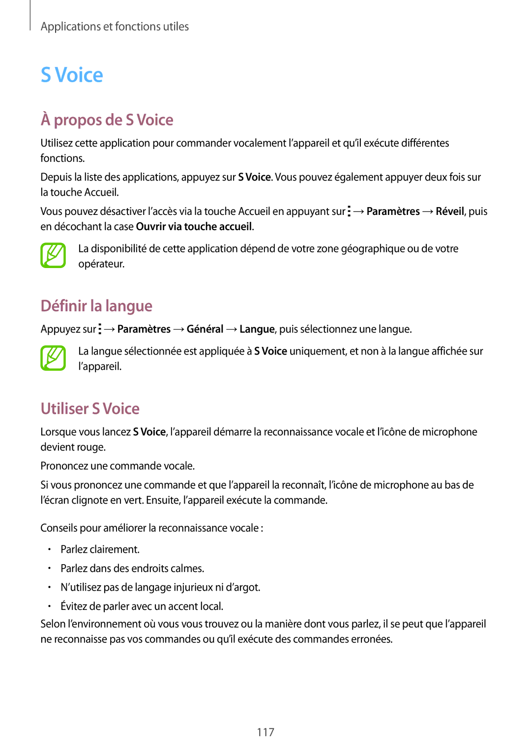 Samsung SM-T705NZWAXEF manual Propos de S Voice, Définir la langue, Utiliser S Voice 