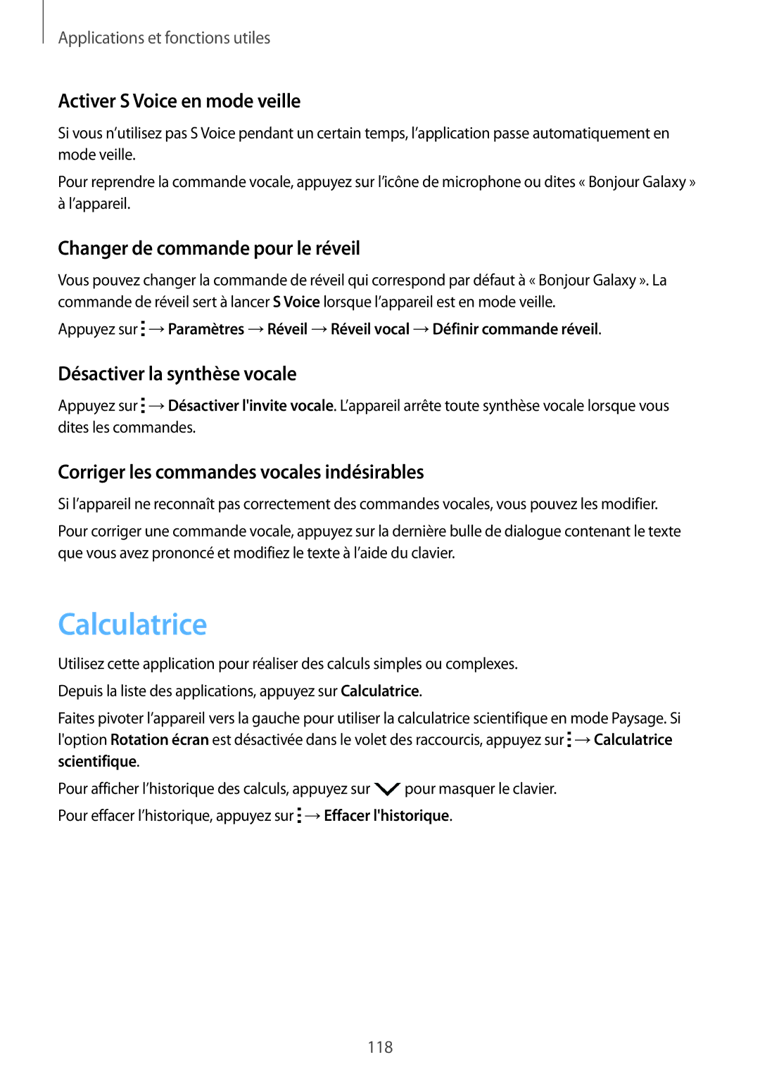 Samsung SM-T705NZWAXEF manual Calculatrice, Activer S Voice en mode veille, Changer de commande pour le réveil 