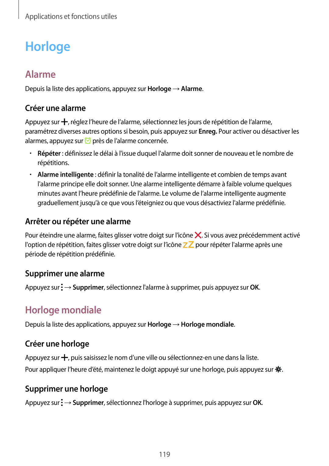 Samsung SM-T705NZWAXEF manual Alarme, Horloge mondiale 