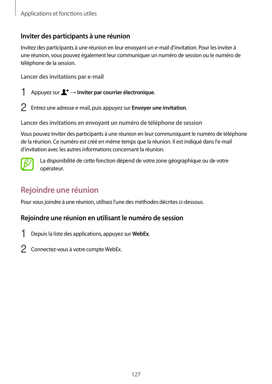 Samsung SM-T705NZWAXEF manual Rejoindre une réunion, Inviter des participants à une réunion 