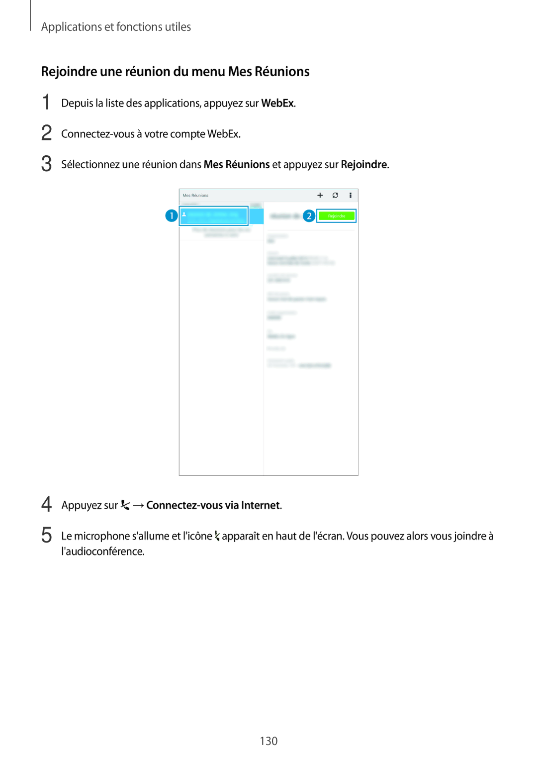 Samsung SM-T705NZWAXEF manual Rejoindre une réunion du menu Mes Réunions 