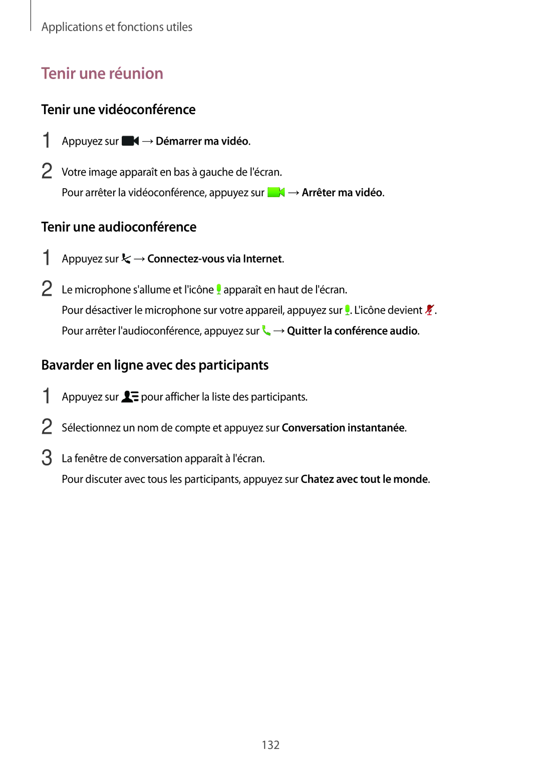 Samsung SM-T705NZWAXEF manual Tenir une réunion, Tenir une vidéoconférence, Tenir une audioconférence 