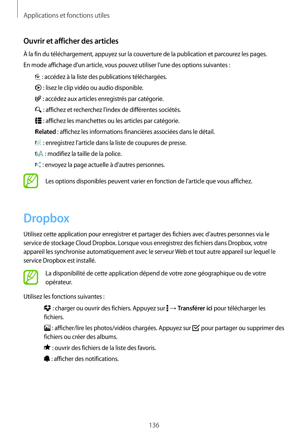 Samsung SM-T705NZWAXEF manual Dropbox, Ouvrir et afficher des articles 