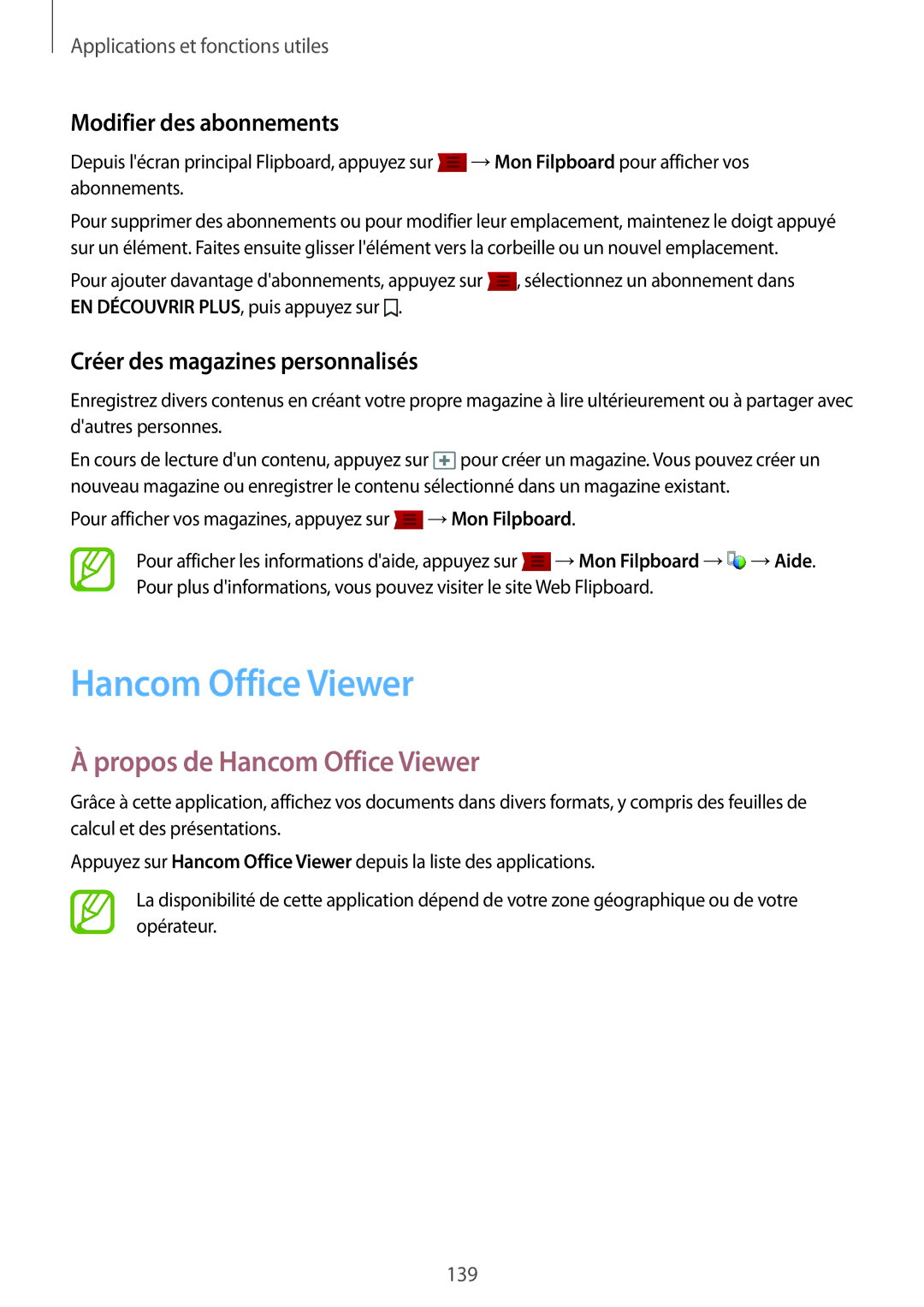 Samsung SM-T705NZWAXEF Propos de Hancom Office Viewer, Modifier des abonnements, Créer des magazines personnalisés 