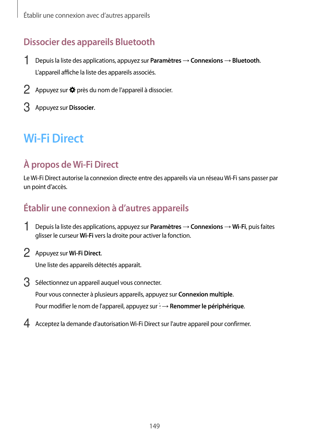 Samsung SM-T705NZWAXEF manual Dissocier des appareils Bluetooth, Propos de Wi-Fi Direct 