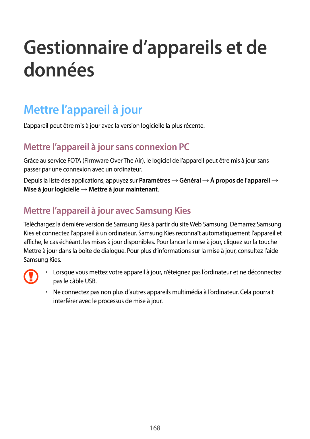 Samsung SM-T705NZWAXEF manual Gestionnaire d’appareils et de données, Mettre l’appareil à jour 