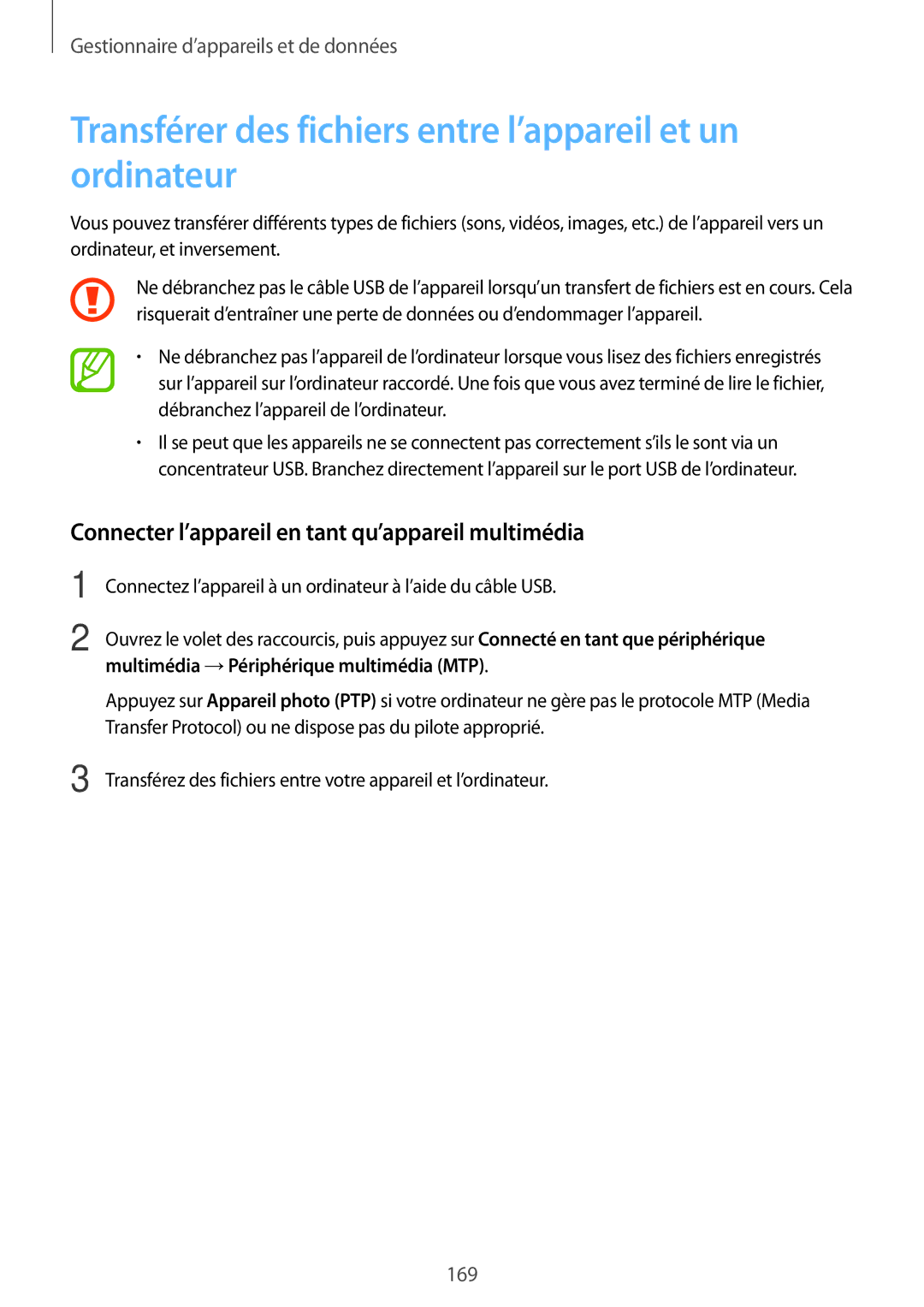 Samsung SM-T705NZWAXEF manual Transférer des fichiers entre l’appareil et un ordinateur 