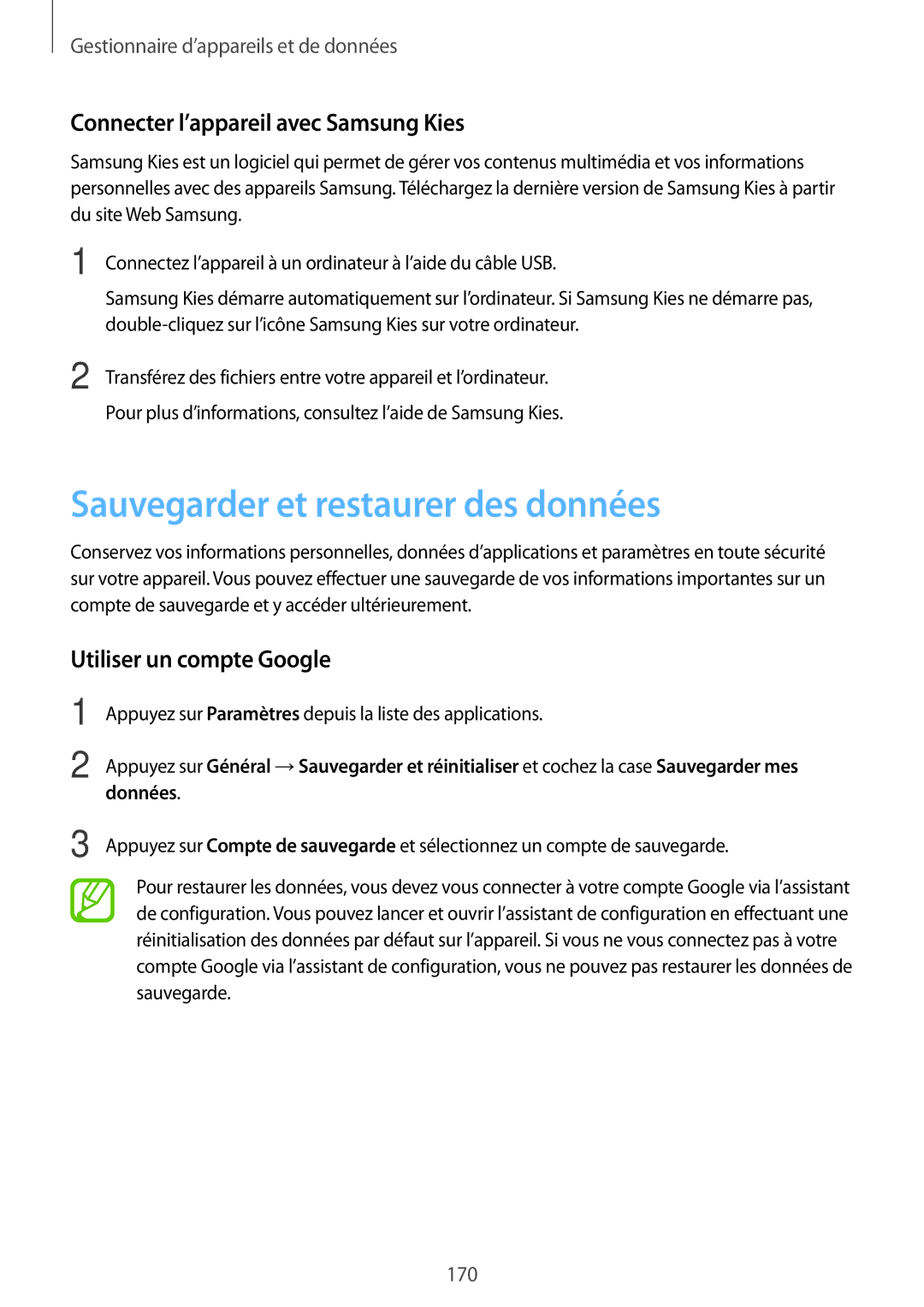 Samsung SM-T705NZWAXEF manual Sauvegarder et restaurer des données, Connecter l’appareil avec Samsung Kies 