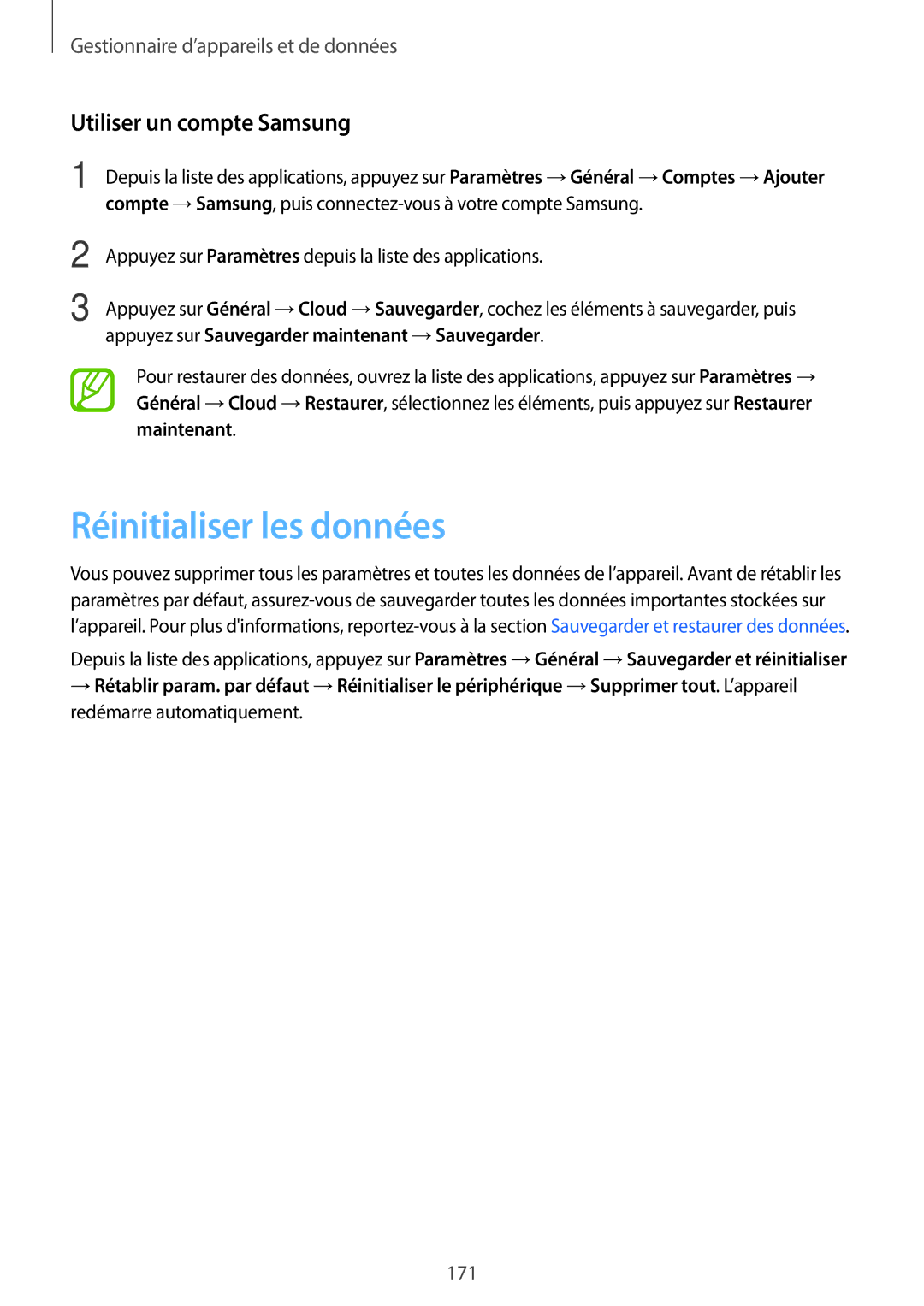 Samsung SM-T705NZWAXEF manual Réinitialiser les données, Utiliser un compte Samsung 